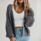 Women's chunky knit V-neck cardigan with button front and balloon sleeves