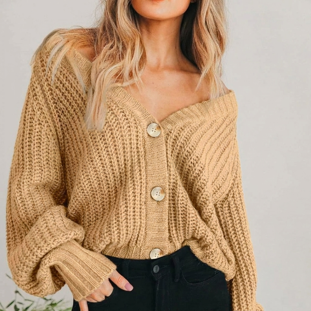 Women's chunky knit V-neck cardigan with button front and balloon sleeves