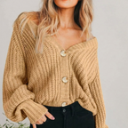 Women's chunky knit V-neck cardigan with button front and balloon sleeves