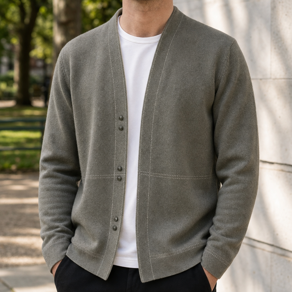Men's button front cardigan with shawl collar and contrast stitch detailing