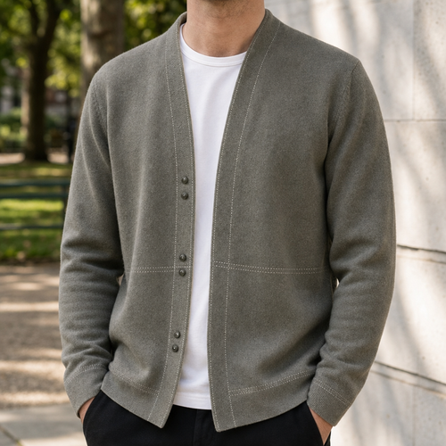 Men's button front cardigan with shawl collar and contrast stitch detailing