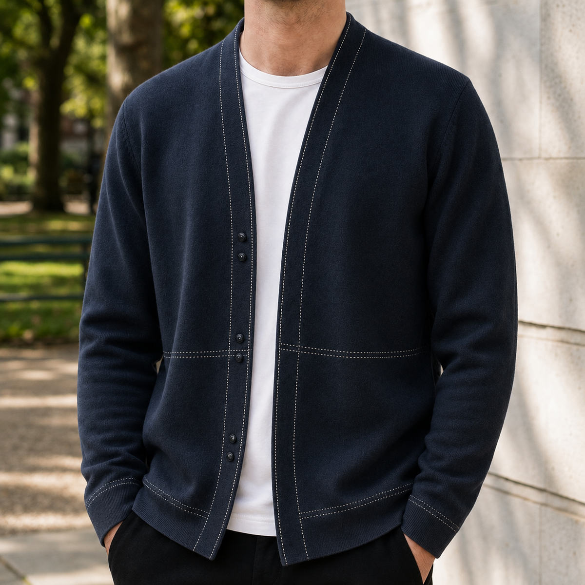 Men's button front cardigan with shawl collar and contrast stitch detailing