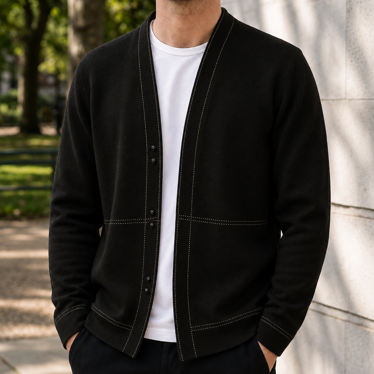 Men's button front cardigan with shawl collar and contrast stitch detailing