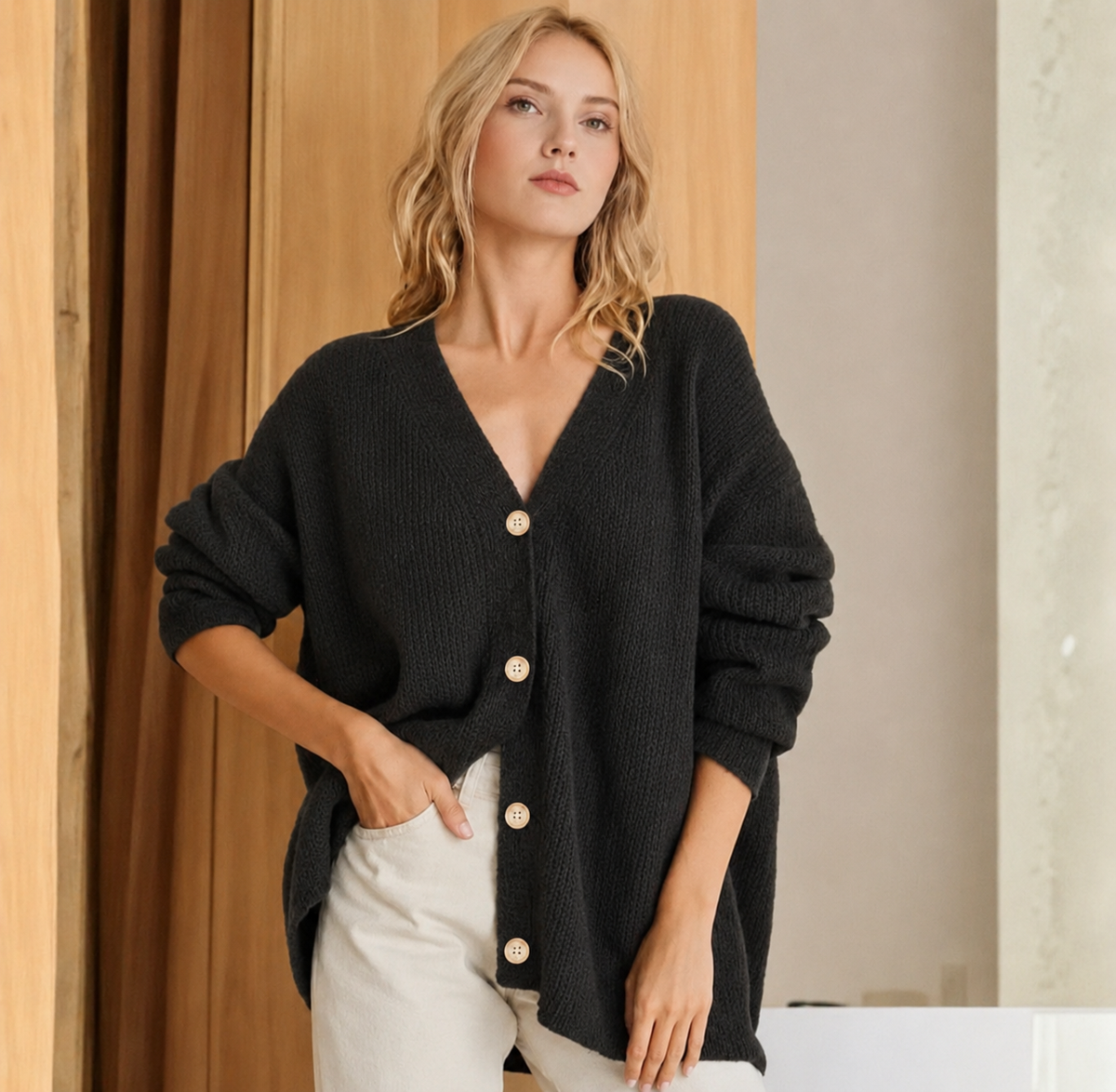 Women's oversized ribbed knit cardigan with V-neck and button front