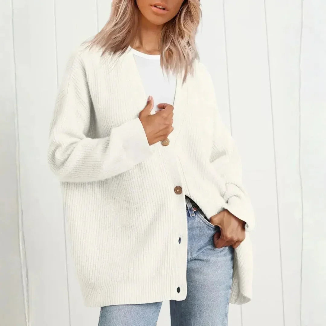 Women's oversized ribbed knit cardigan with V-neck and button front