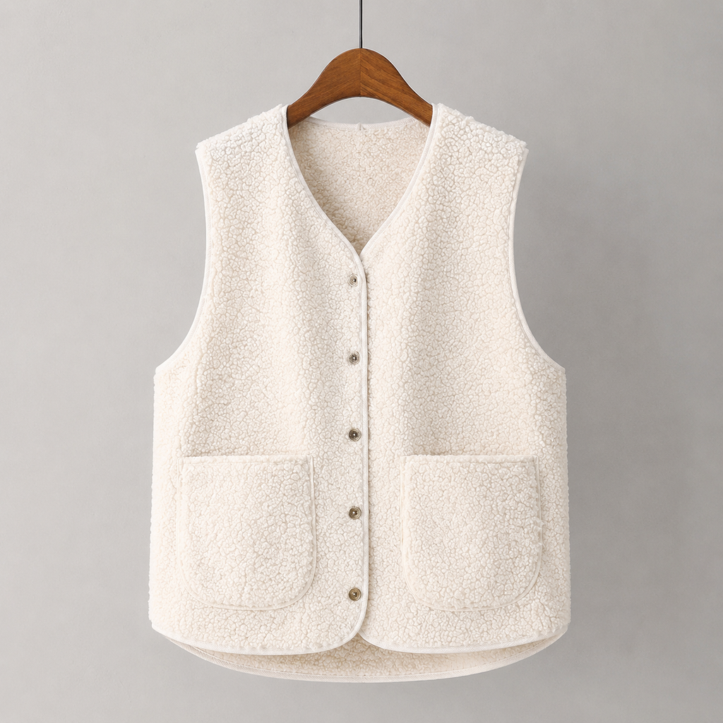 Women's sleeveless textured vest with V-neck, buttons and patch pockets
