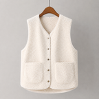 Women's sleeveless textured vest with V-neck, buttons and patch pockets