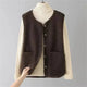 Women's sleeveless textured vest with V-neck, buttons and patch pockets