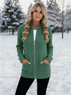 Women's long ribbed knit cardigan with stand collar, zip fastening and front pockets