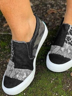 Women's patterned slip-on loafers with round toes and flat white soles