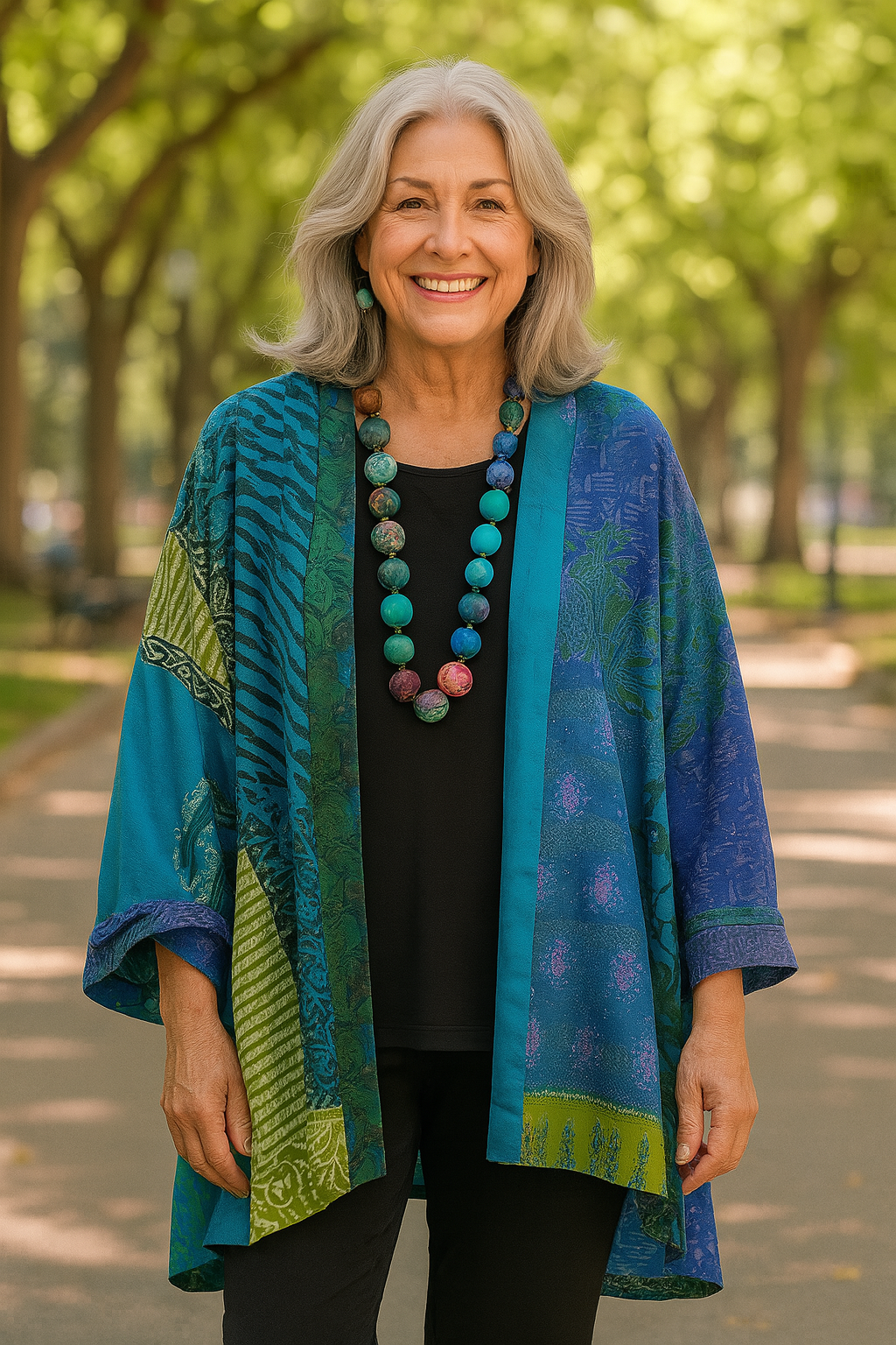 Women's multicolor patchwork open-front cardigan with three-quarter sleeves