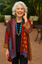 Women's multicolor patchwork open-front cardigan with three-quarter sleeves