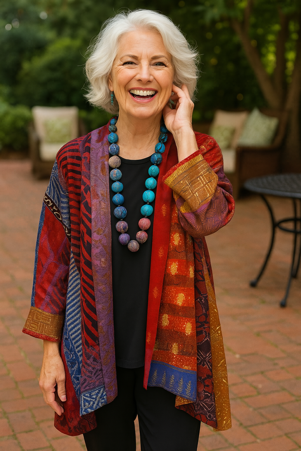 Women's multicolor patchwork open-front cardigan with three-quarter sleeves