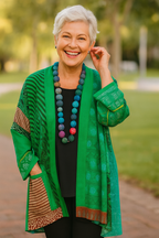 Women's multicolor patchwork open-front cardigan with three-quarter sleeves