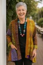 Women's multicolor patchwork open-front cardigan with three-quarter sleeves