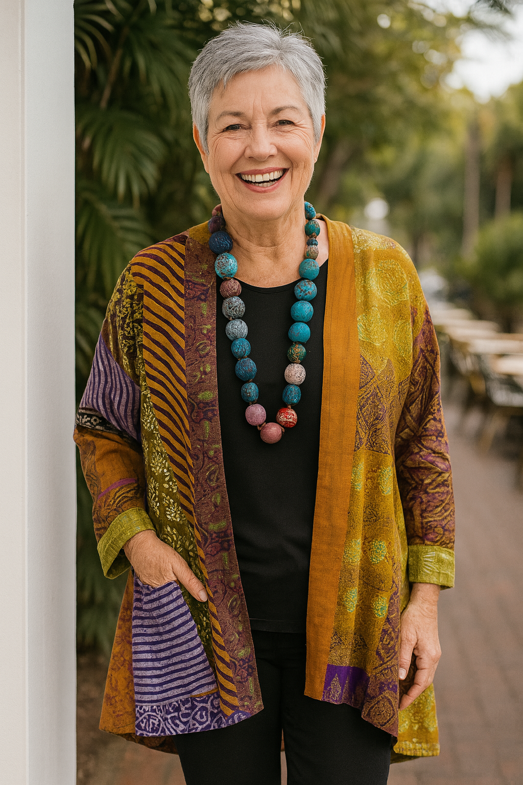 Women's multicolor patchwork open-front cardigan with three-quarter sleeves
