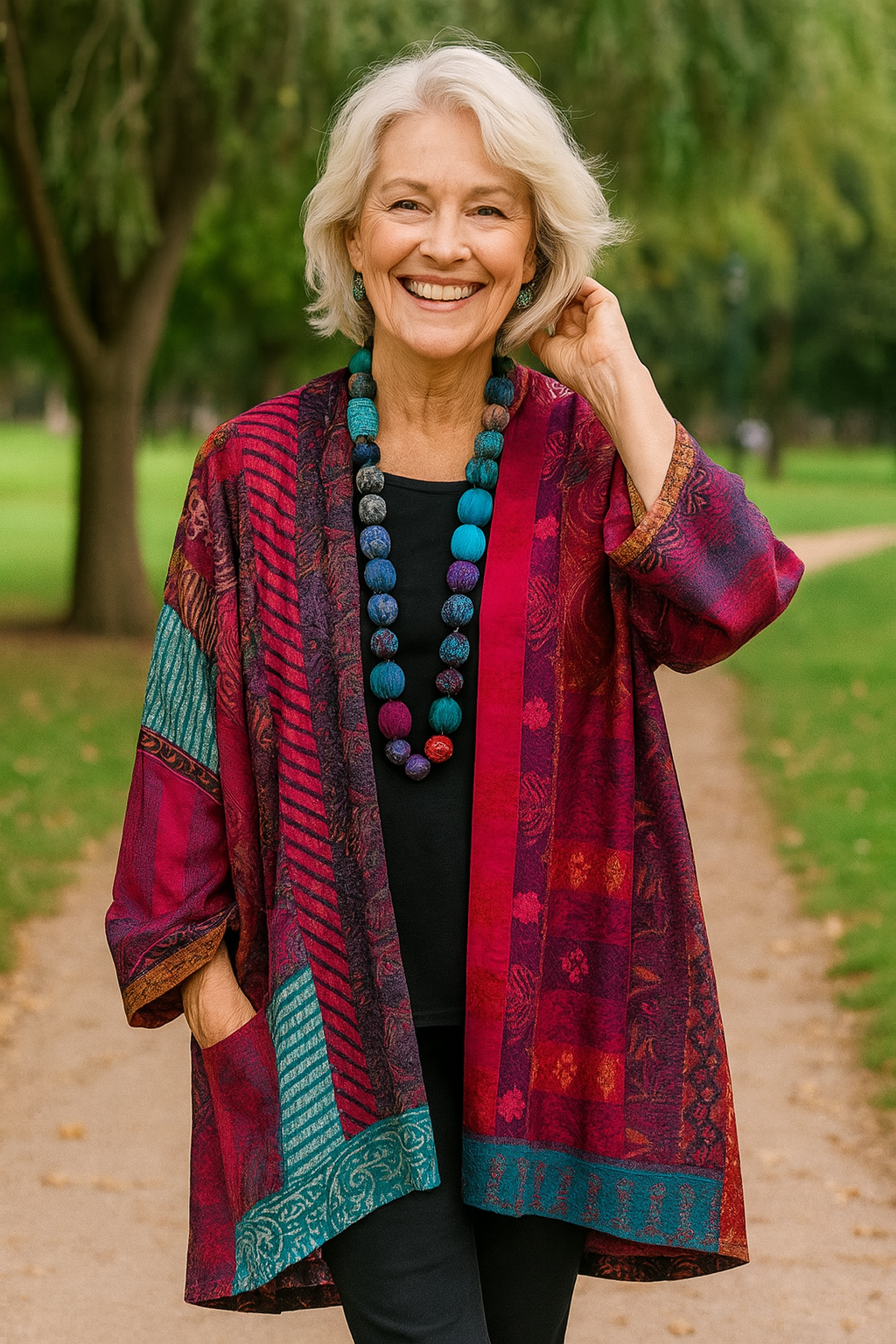 Women's multicolor patchwork open-front cardigan with three-quarter sleeves