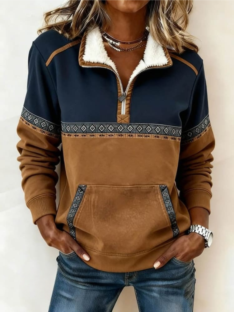 Women's multicolor pullover hoodie with sherpa collar and geometric trim