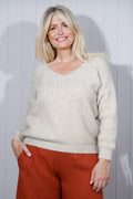 Women's ribbed V-neck jumper with long balloon sleeves
