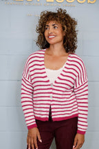 Women's striped knitted V-neck cardigan with long sleeves and front buttons
