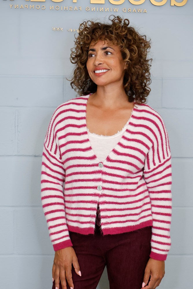 Women's striped knitted V-neck cardigan with long sleeves and front buttons