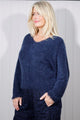 Women's fuzzy-look V-neck jumper with long sleeves and ribbed trims