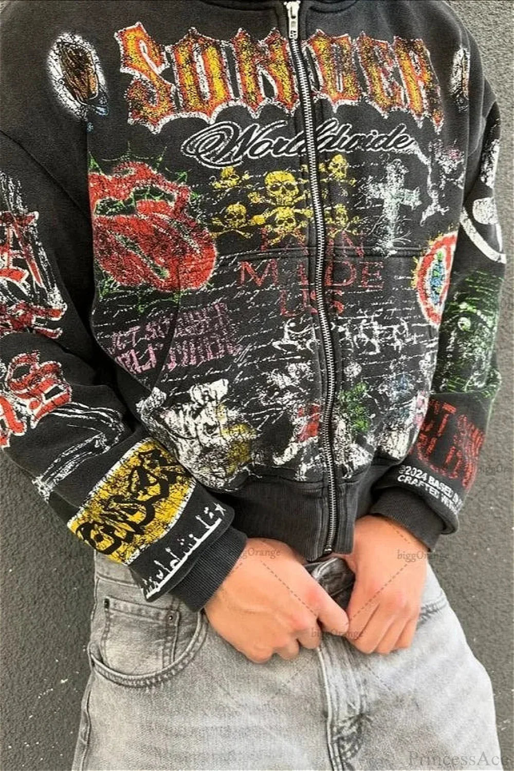 Graphic zip hoodie with drawstring hood and printed sleeves