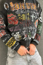 Graphic zip hoodie with drawstring hood and printed sleeves