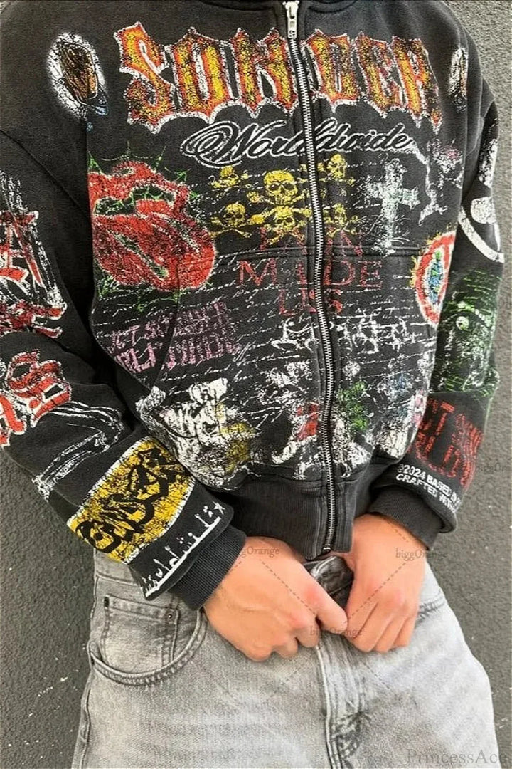 Graphic zip hoodie with drawstring hood and printed sleeves