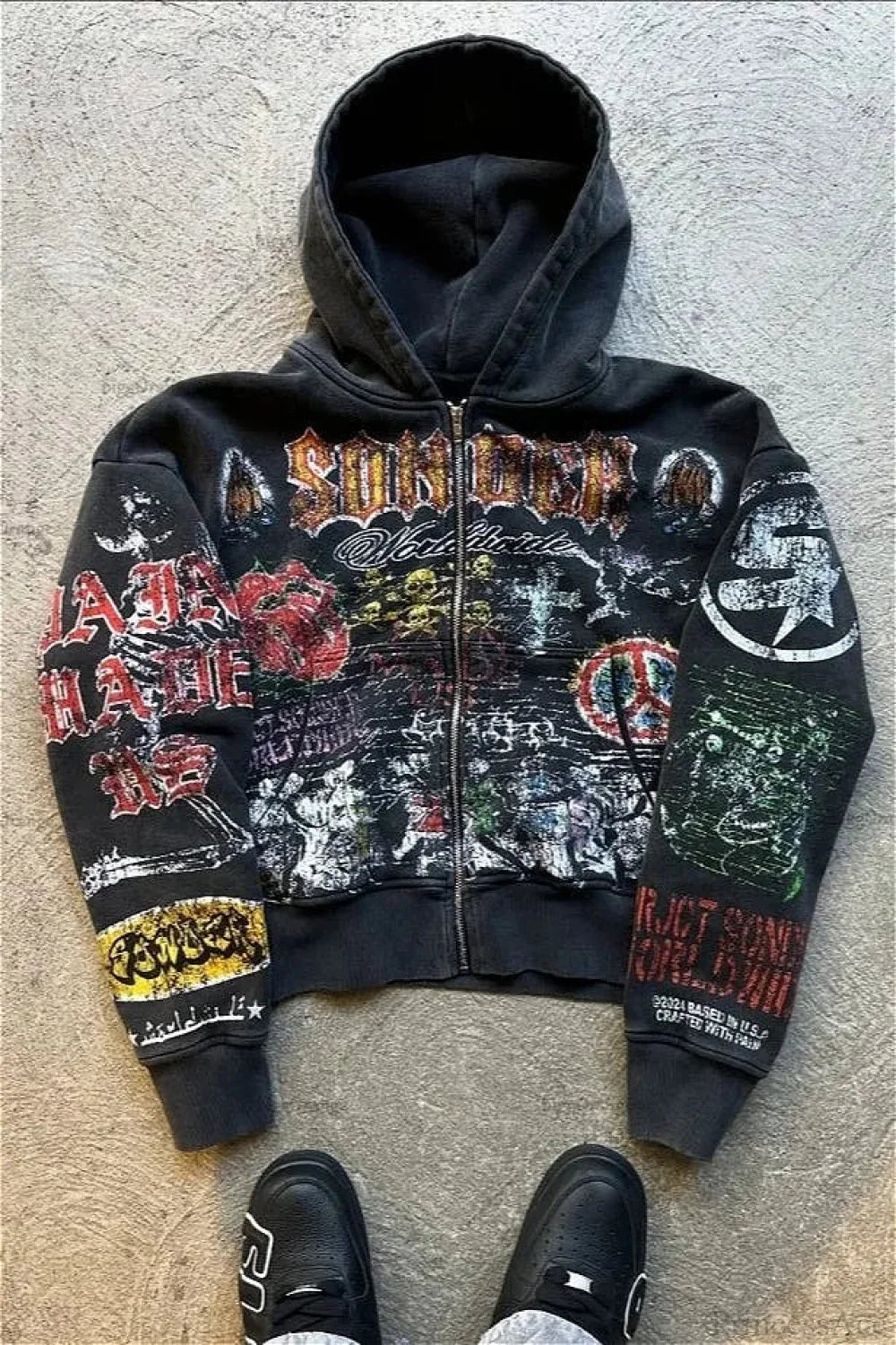Graphic zip hoodie with drawstring hood and printed sleeves