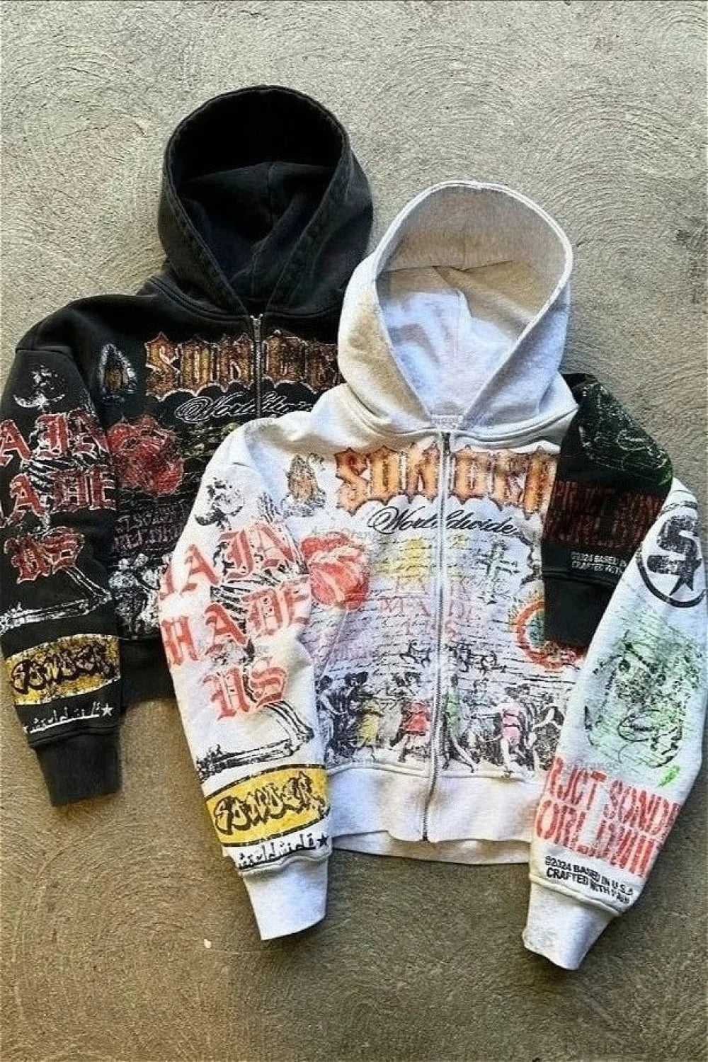 Graphic zip hoodie with drawstring hood and printed sleeves