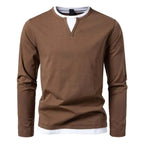 Men's long-sleeve Henley sweater with split neckline and contrasting inner layer