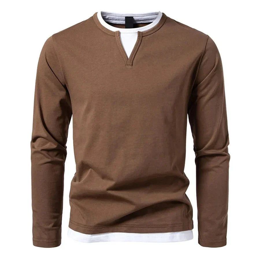 Men's long-sleeve Henley sweater with split neckline and contrasting inner layer