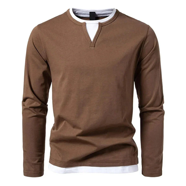 Men's long-sleeve Henley sweater with split neckline and contrasting inner layer