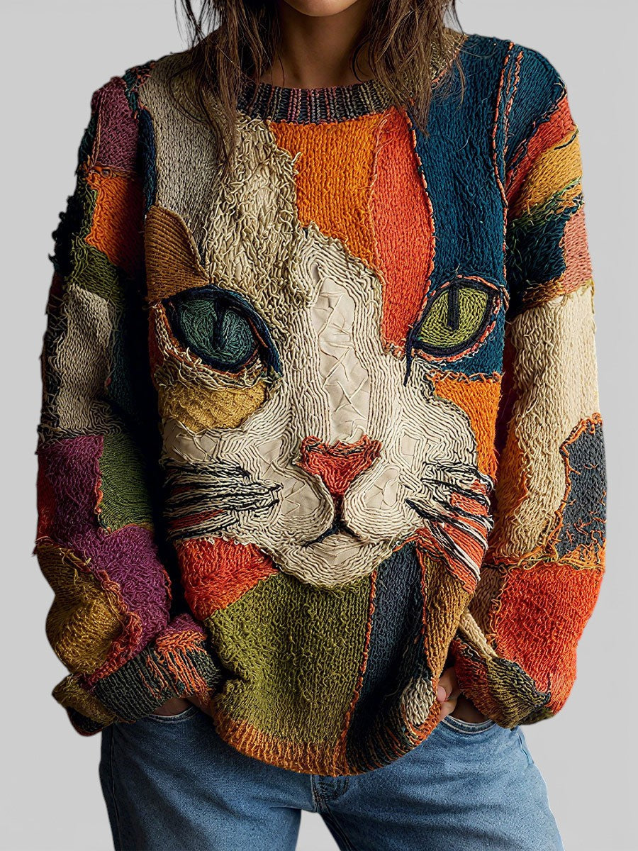 Women's multicolour patchwork sweater with abstract face graphic