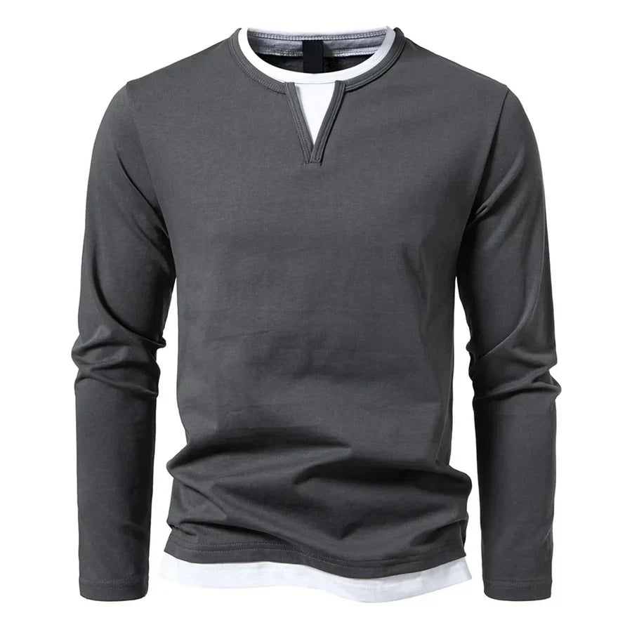 Men's long-sleeve Henley sweater with split neckline and contrasting inner layer