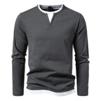 Men's long-sleeve Henley sweater with split neckline and contrasting inner layer