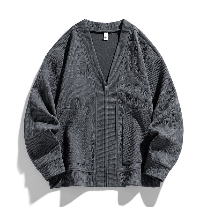 Men's textured knit cardigan with V-neck, zip front and patch pockets