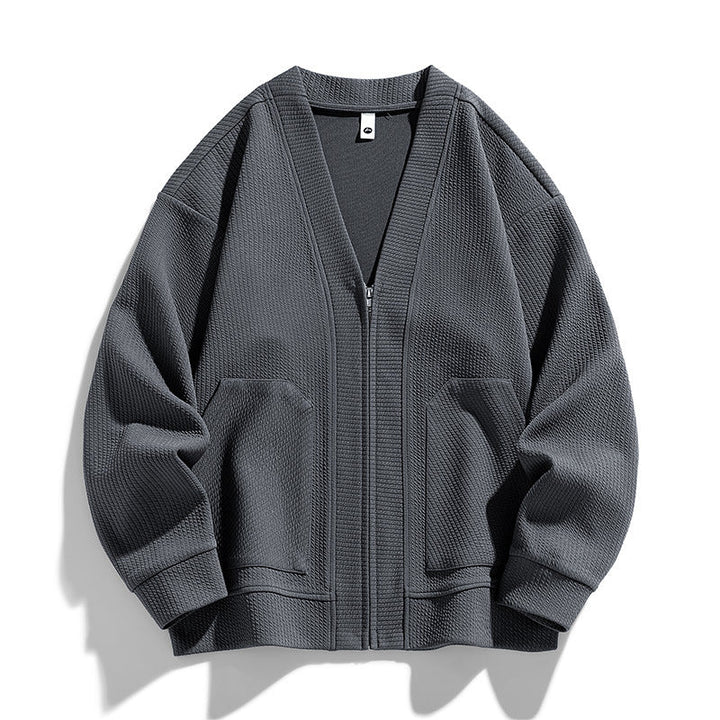 Men's textured knit cardigan with V-neck, zip front and patch pockets