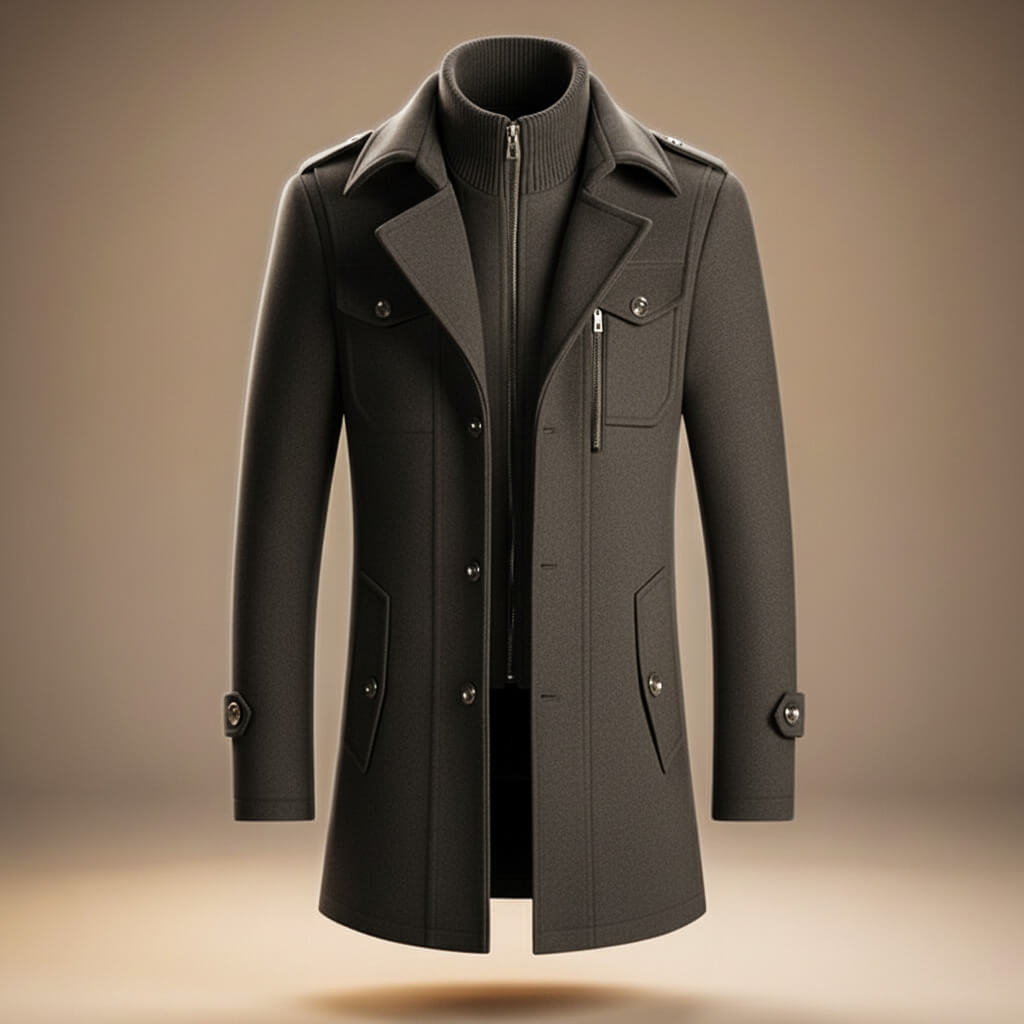 Men's structured long coat with high collar, zip and button front, and multiple pockets