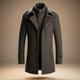 Men's structured long coat with high collar, zip and button front, and multiple pockets