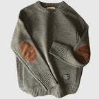 Men's crew neck jumper with contrast elbow patches