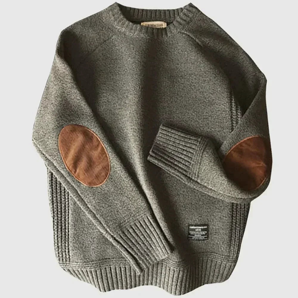 Men's crew neck jumper with contrast elbow patches