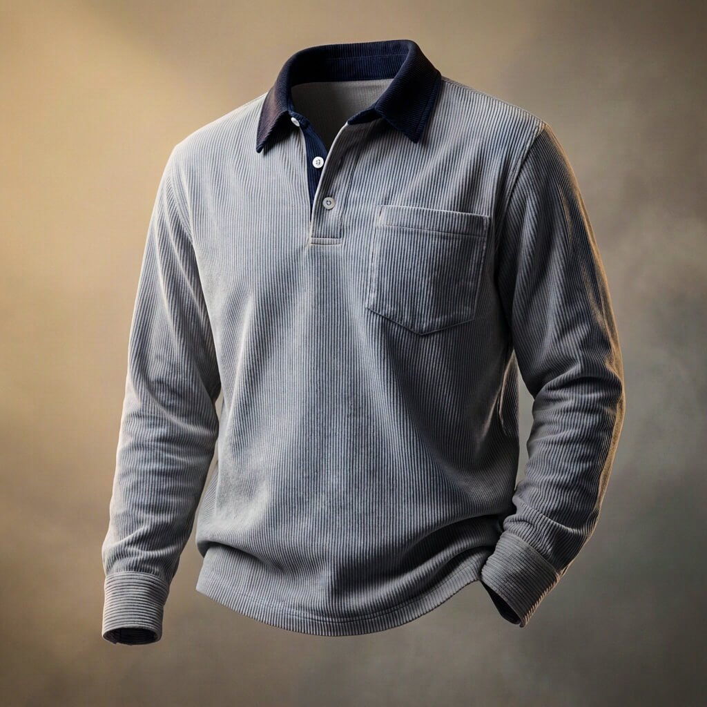 Men's long sleeve textured polo shirt with chest pocket