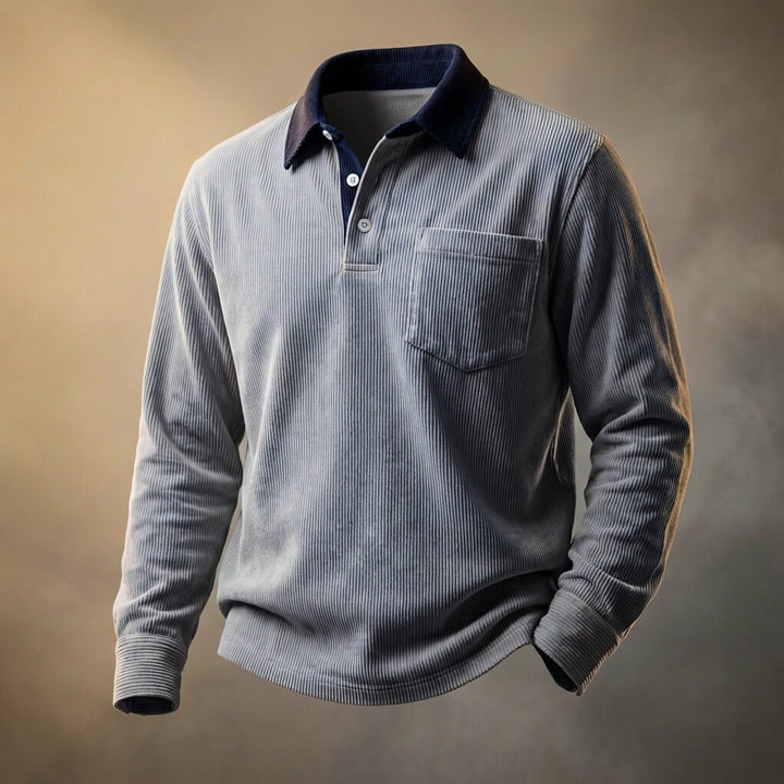 Men's long sleeve textured polo shirt with chest pocket