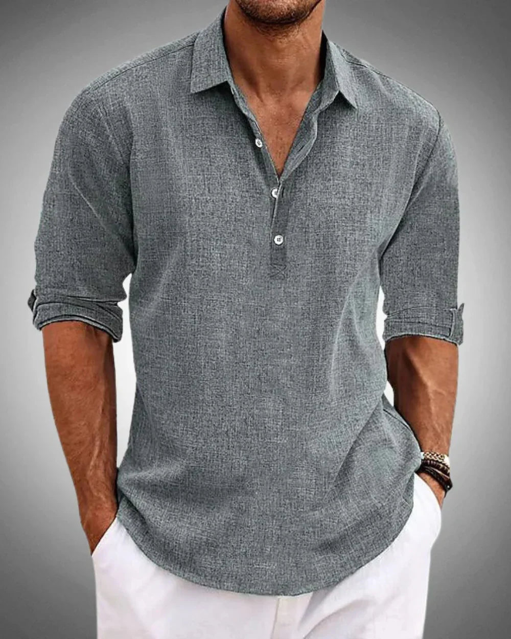 Men's textured shirt with spread collar and rolled sleeves