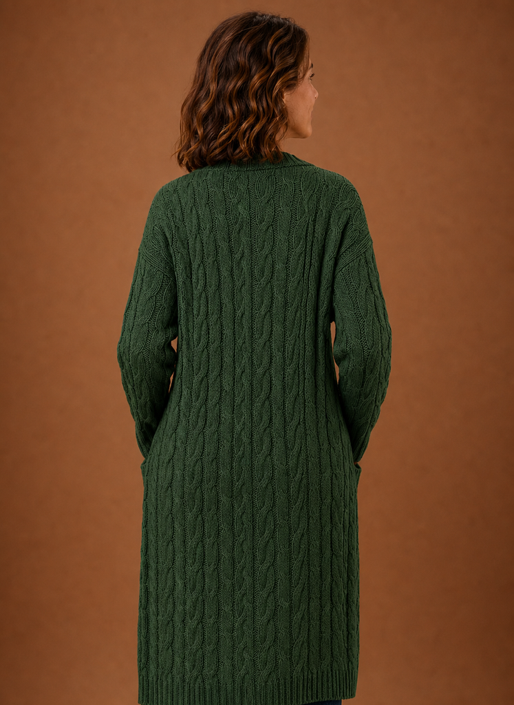 Women's long textured cable knit cardigan with open front and front pockets