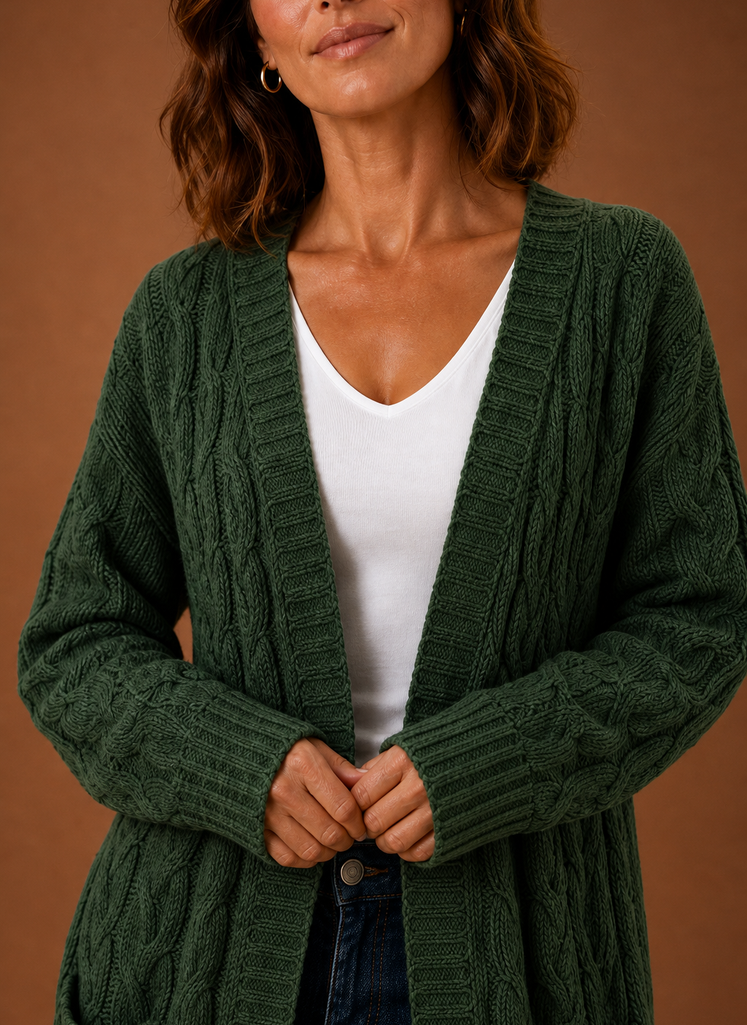 Women's long textured cable knit cardigan with open front and front pockets