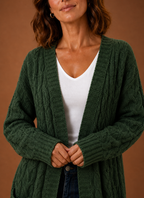 Women's long textured cable knit cardigan with open front and front pockets