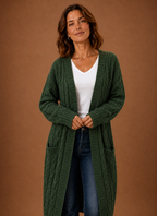 Women's long textured cable knit cardigan with open front and front pockets